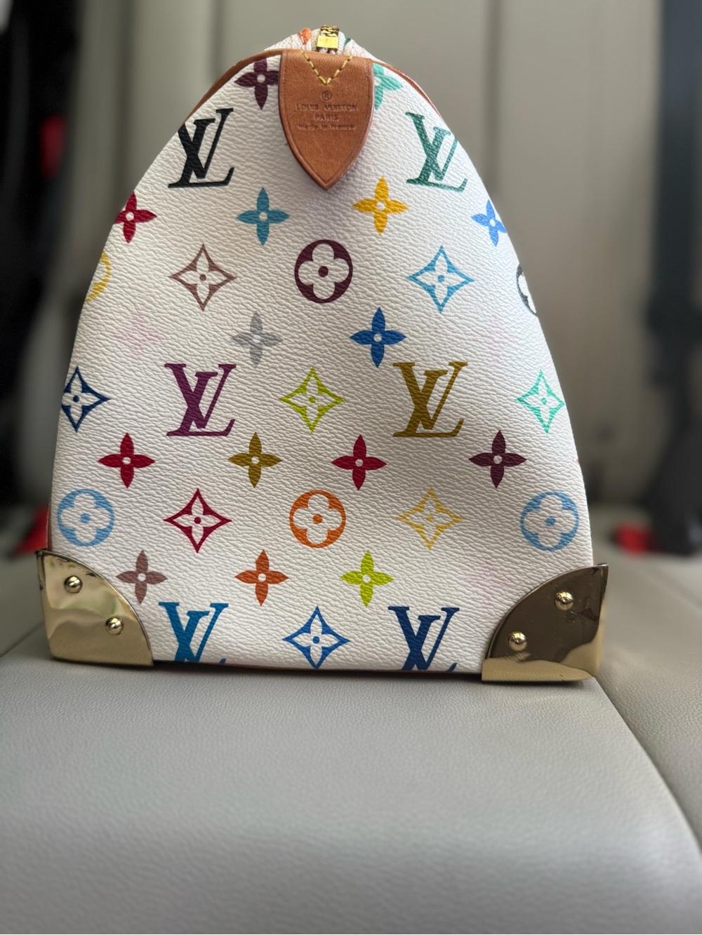 Louis Vuitton White Multicolor Monogram Satchel with Pink Pocket and Tan Handles - Picture 2 of 5